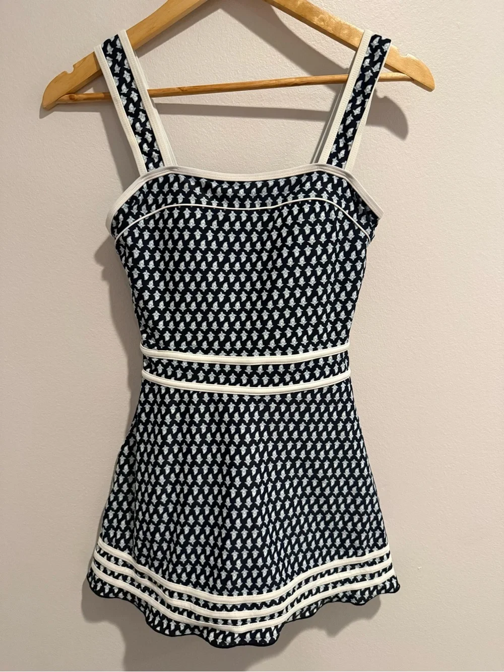Shore Shapes Swimdress One Piece Swimsuit Navy Floral Block Print Skirted Size 6